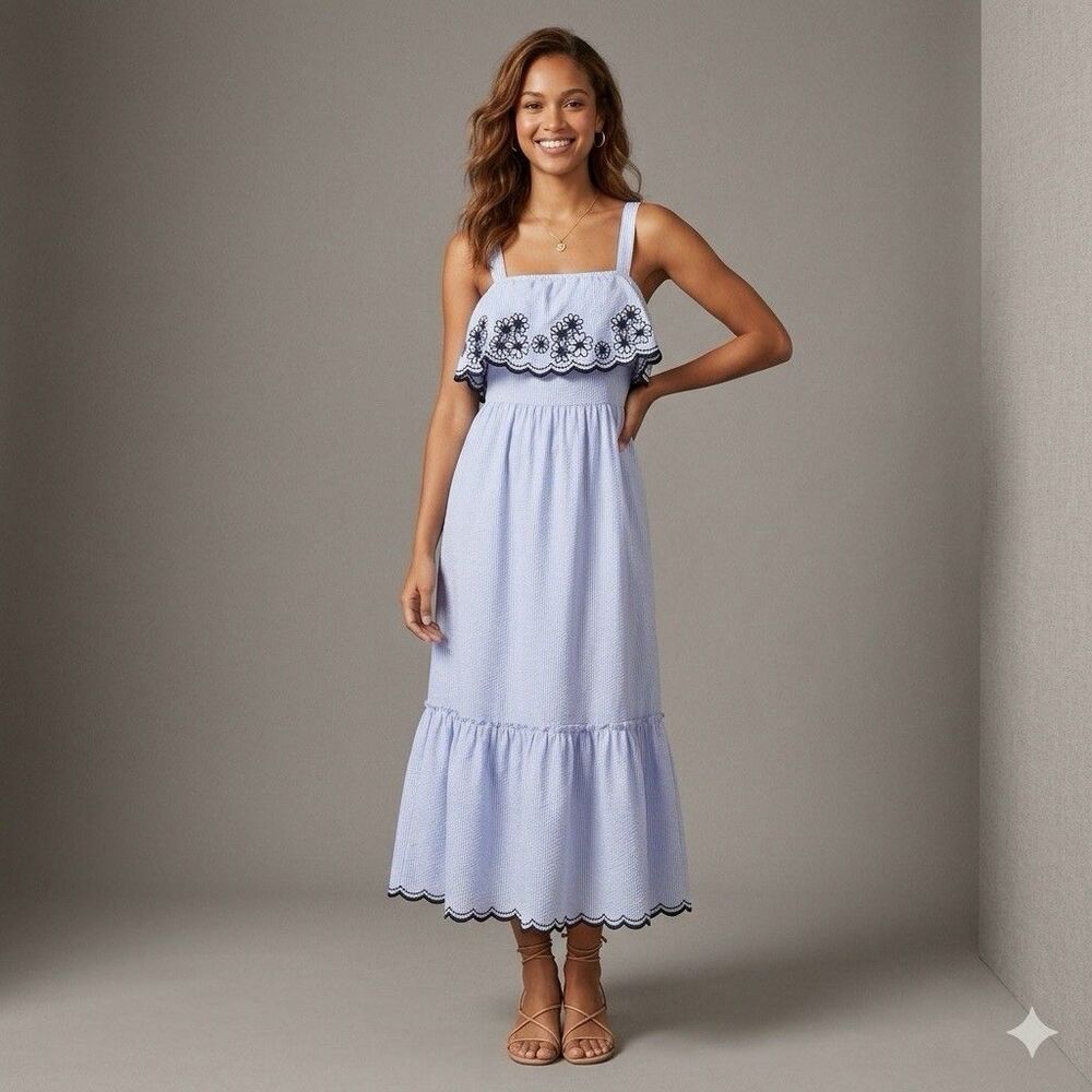 Kate Spade Daisy Floral Embroidered Patio Dress XS Blue Cotton Eyelet Detail